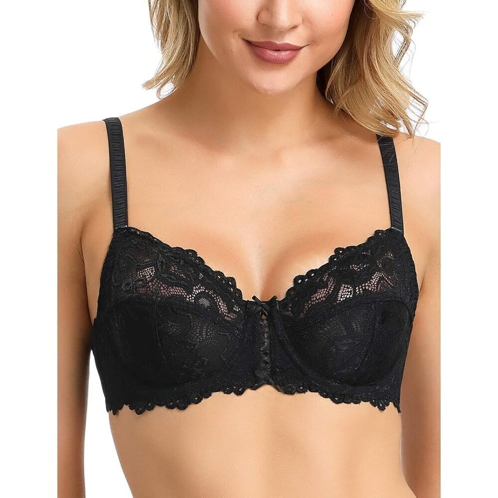 Women's Black Sexy Lace Bra Non Padded Underwire Unlined Bra Full Coverage